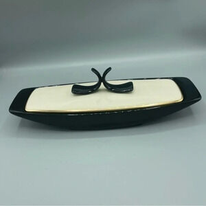 MCM Vintage Lenox Jam Relish Dish with 24-K Gold Black White Made in USA